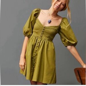 Anthropologie Maeve Puff Sleeves Sweetheart Mini Dress in Moss Size XS